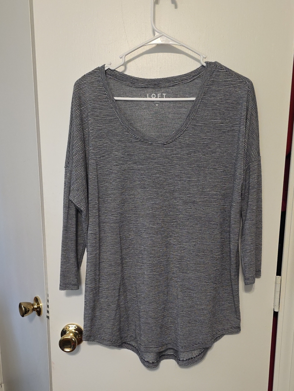 LOFT Gray & White Striped Scoop Neck Long Sleeve Top